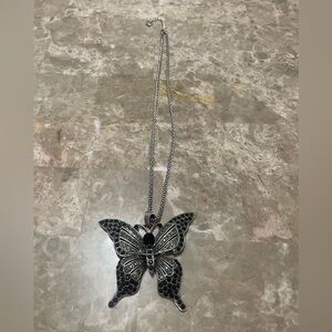 Betsey Johnson Necklace Large Butterfly Black Silver Toned
